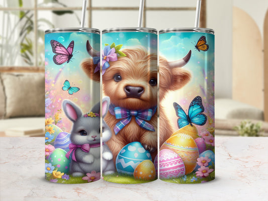 Easter bunny and Highland cow with colorful eggs and butterflies.
