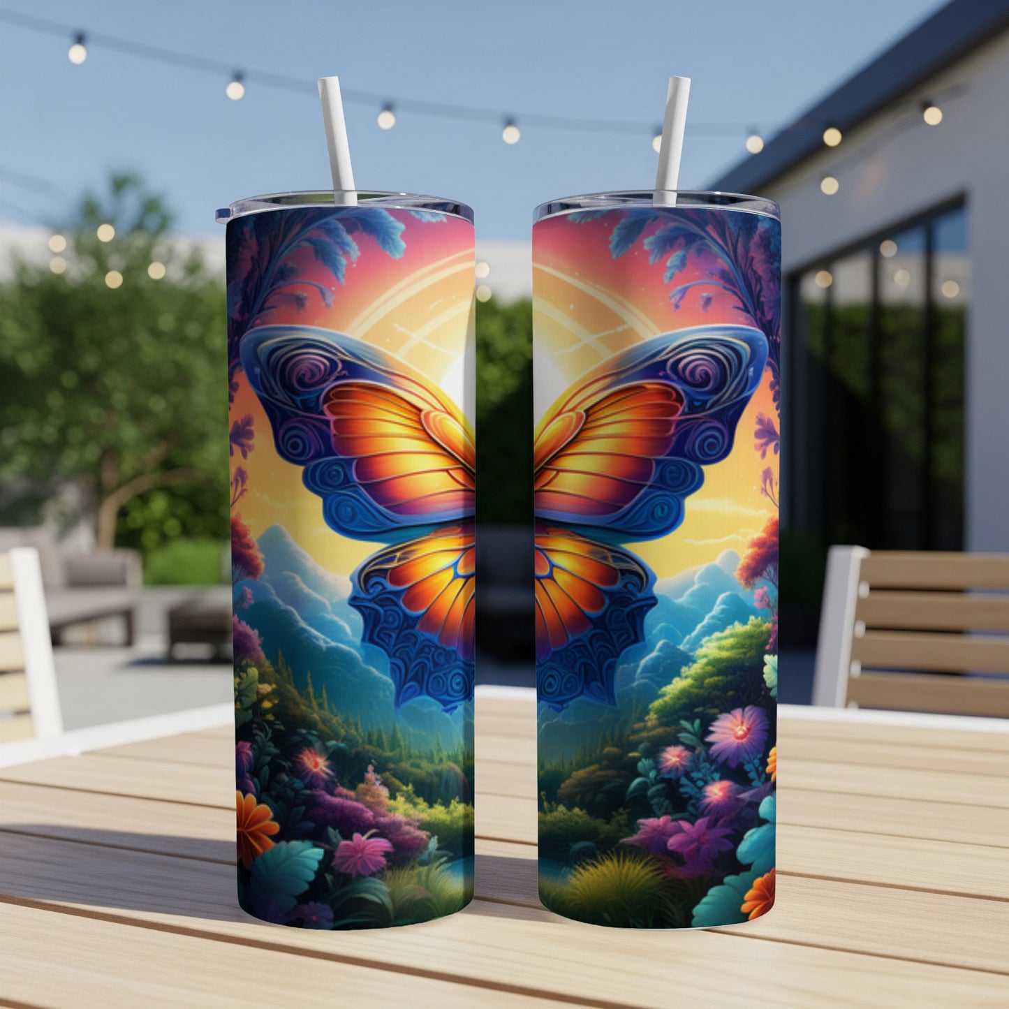 Two tumblers with a colorful butterfly and vibrant nature scene.