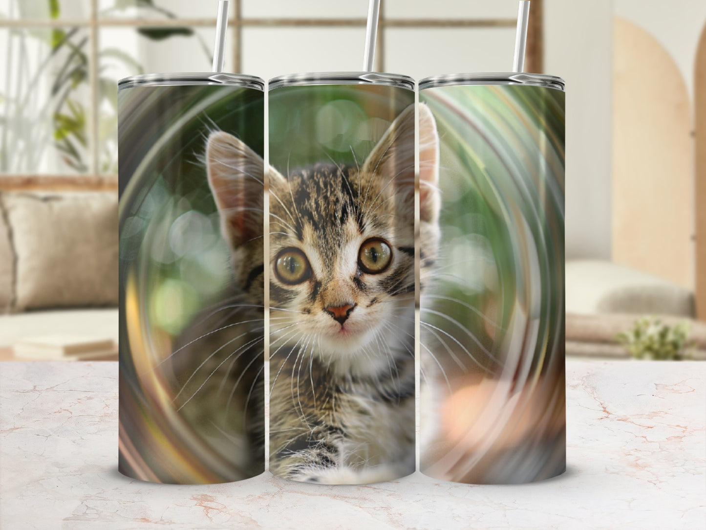 Close-up of a tabby kitten's face on three cylindrical tumblers.