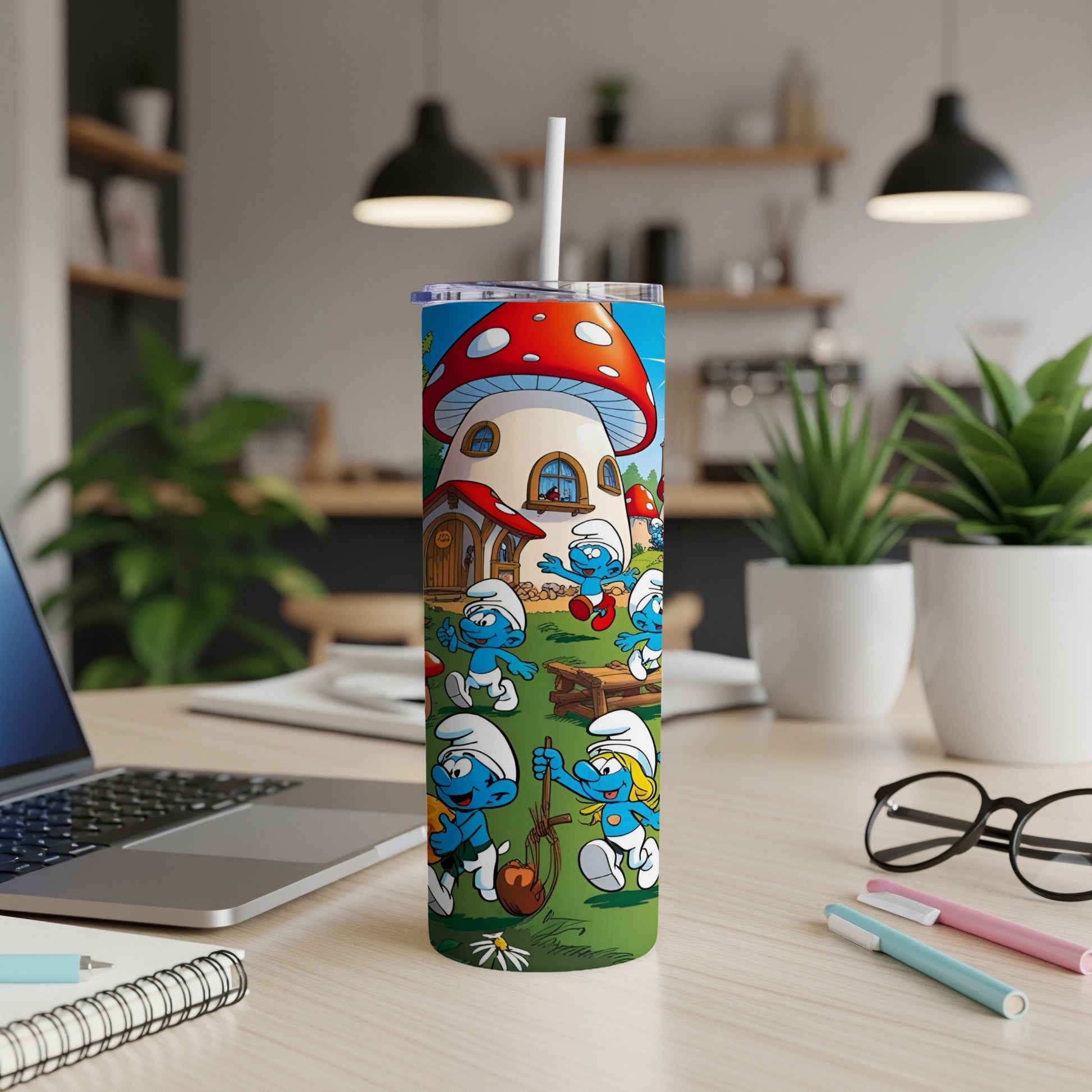 Smurfs on a mushroom house backdrop with a laptop and desk accessories.