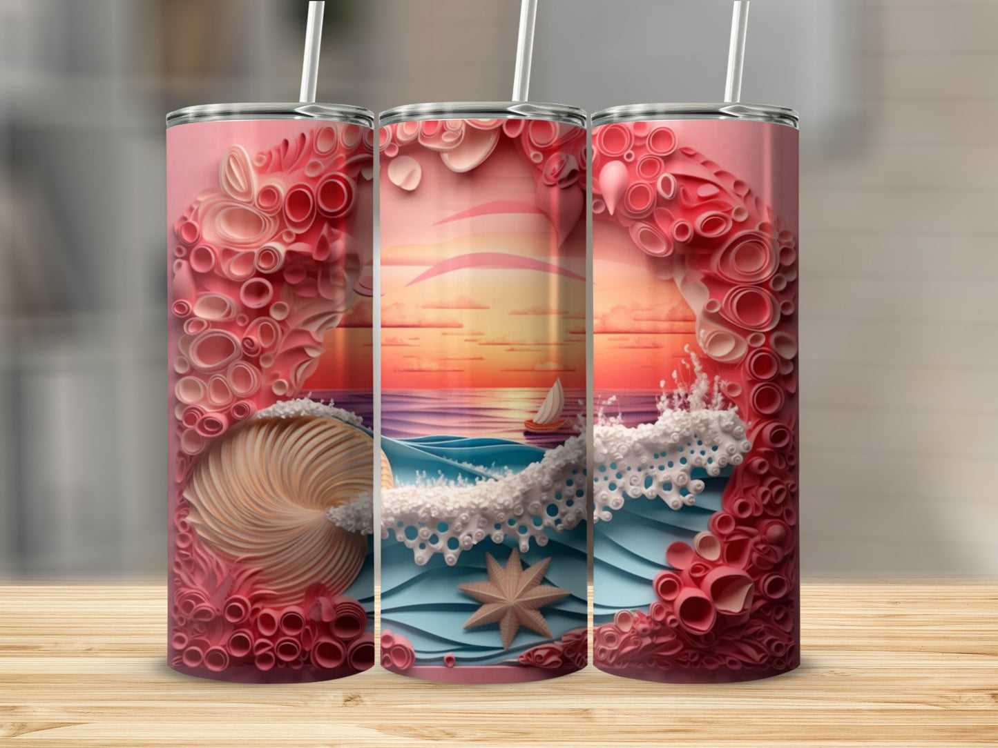 Pink tumbler with sunset ocean scene and seashell motif.