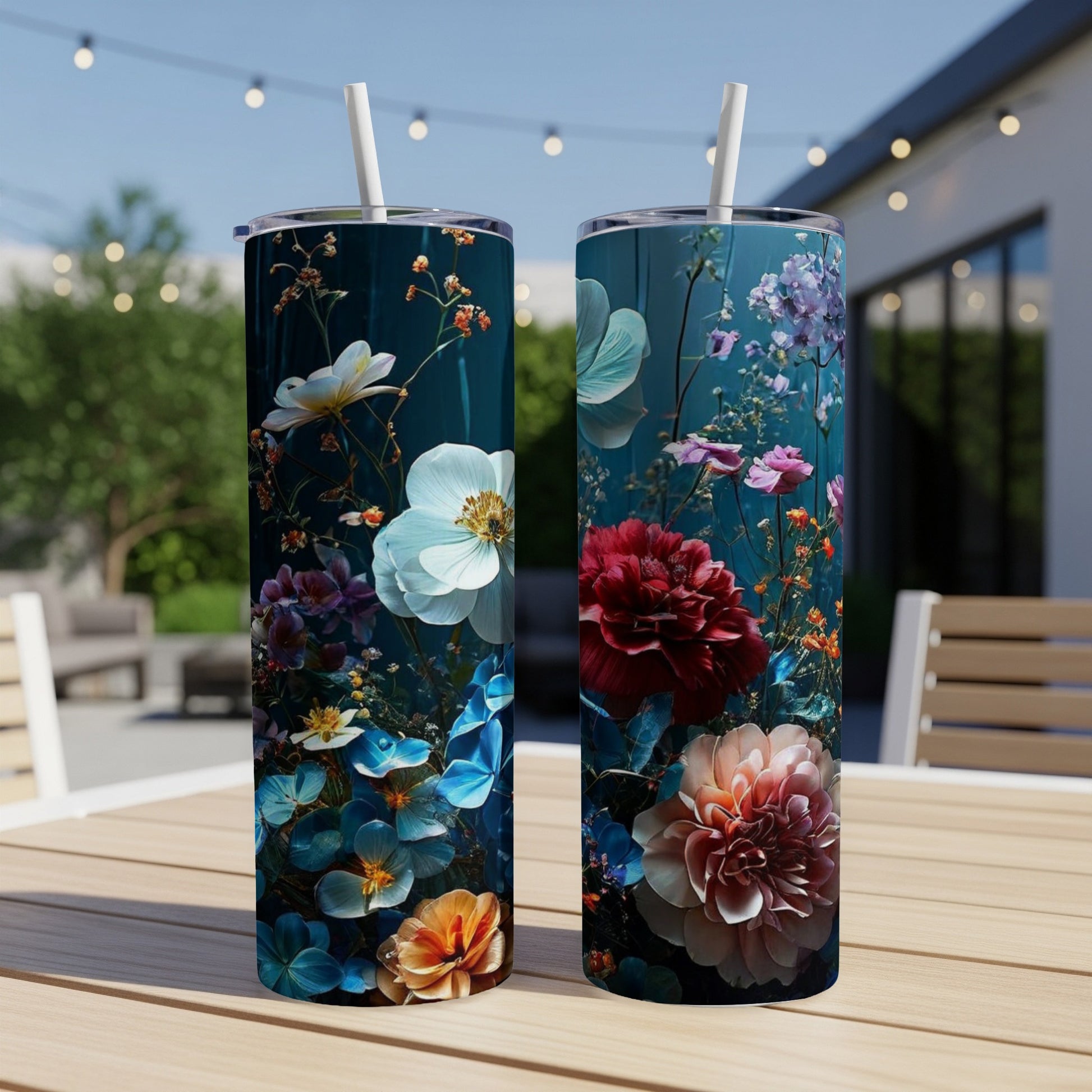 Two floral-patterned tumblers on a wooden table with blurred outdoor background.