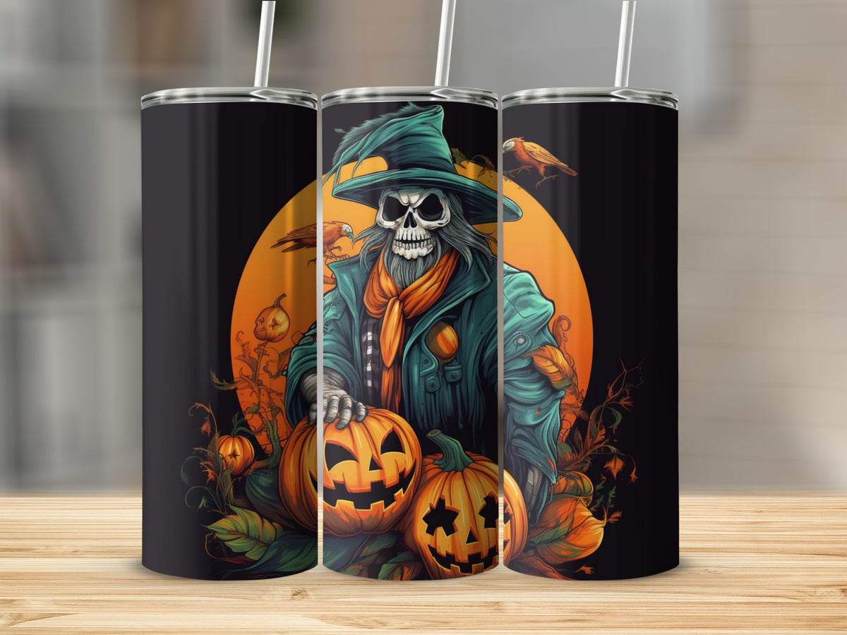 Skeleton wearing a hat and scarf, holding pumpkins on a tumbler.