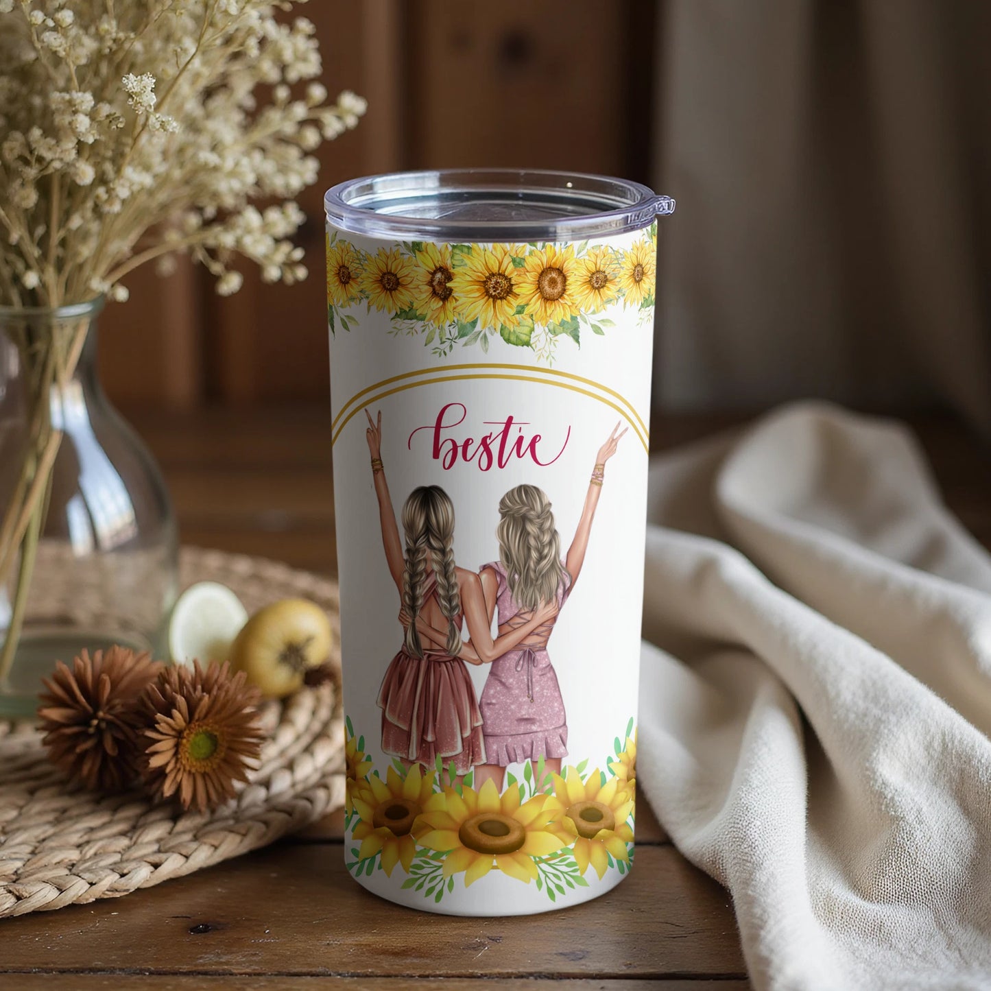 Bestie Design Sunflower Flowers Friends Tumbler Cup