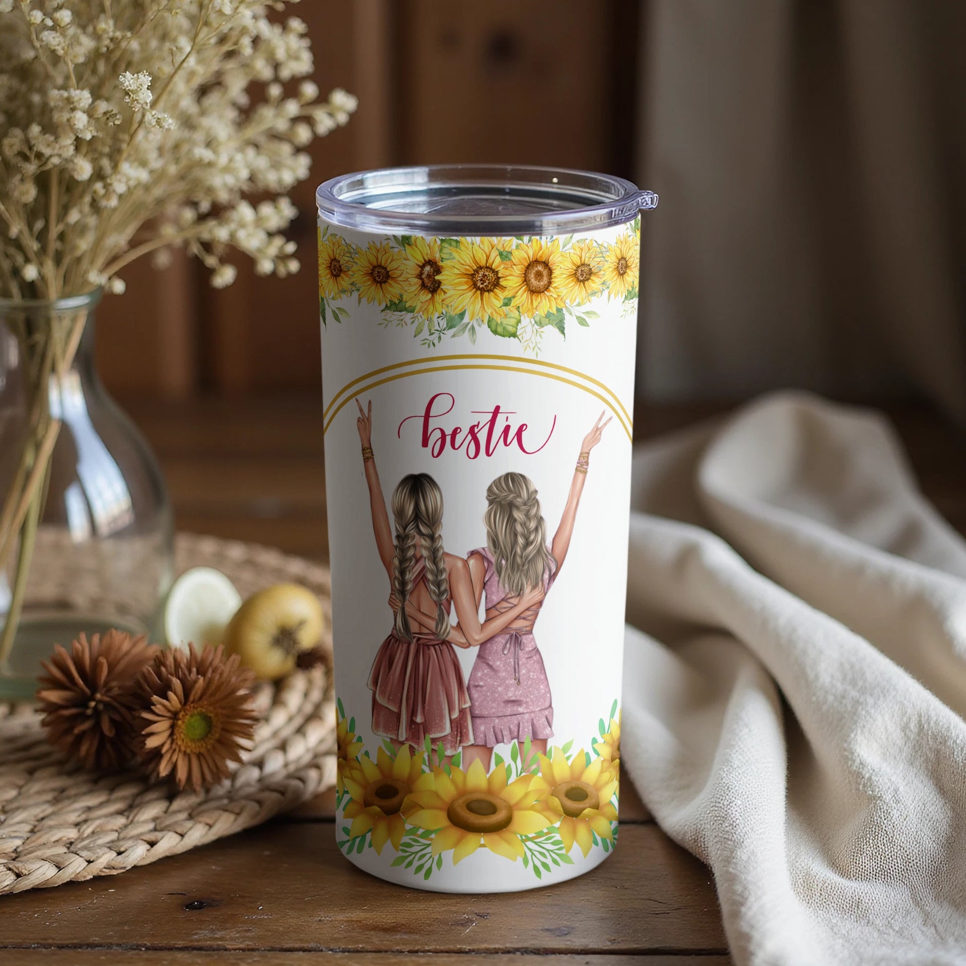 Bestie Design Sunflower Flowers Friends Tumbler Cup