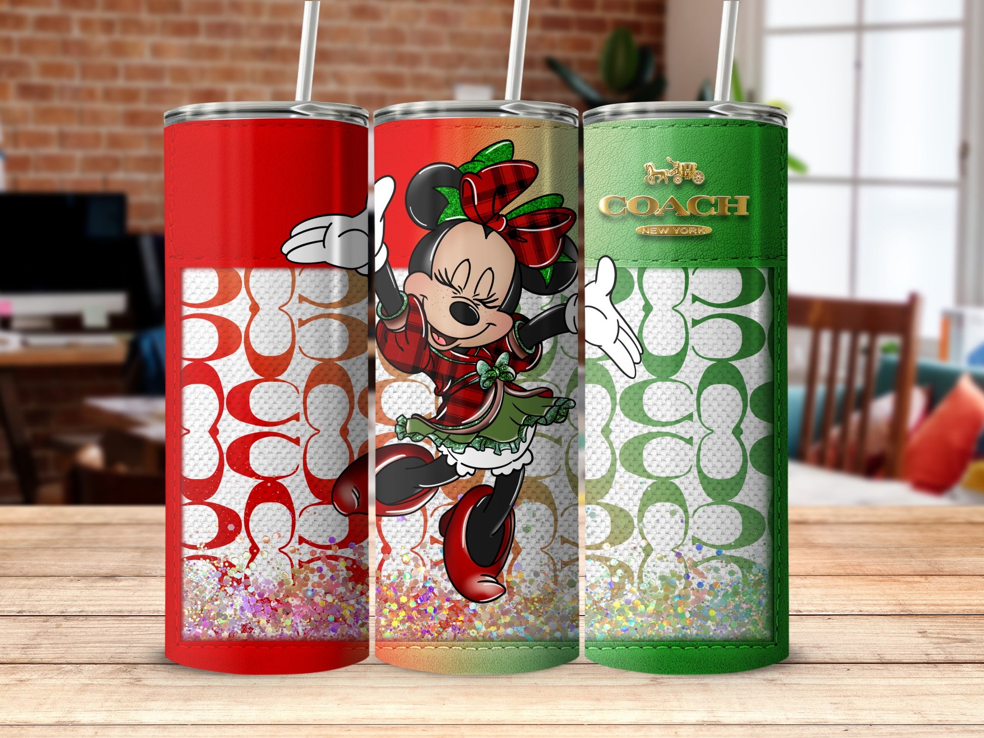 Three tumblers with Coach pattern and Minnie Mouse Christmas graphics.