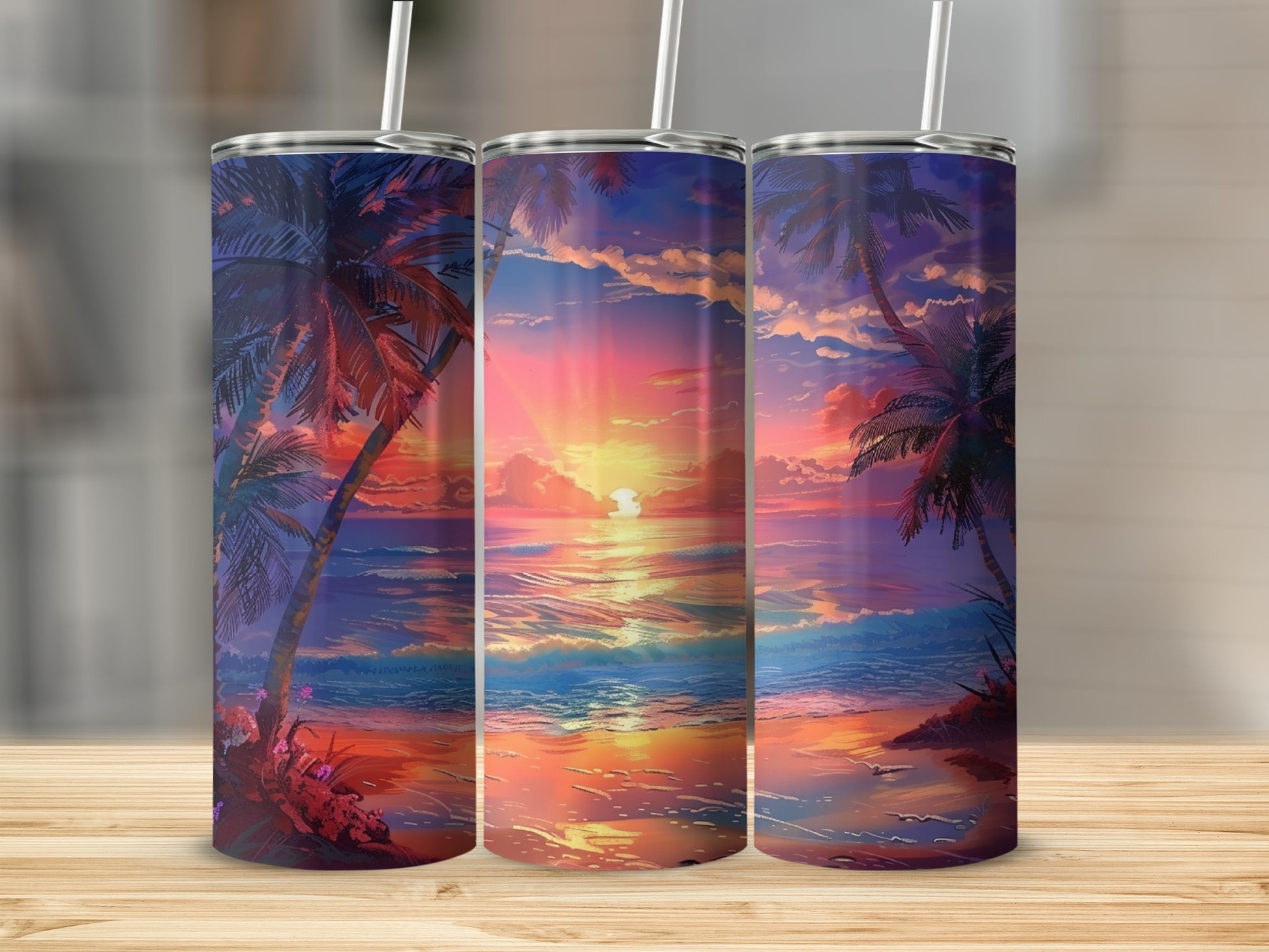 Three tumblers with a vibrant sunset beach scene and palm trees.