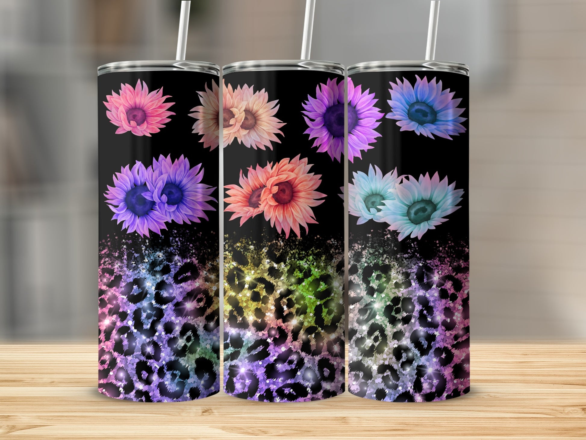Colorful Floral Leopard Print Tumbler Cup With Straw