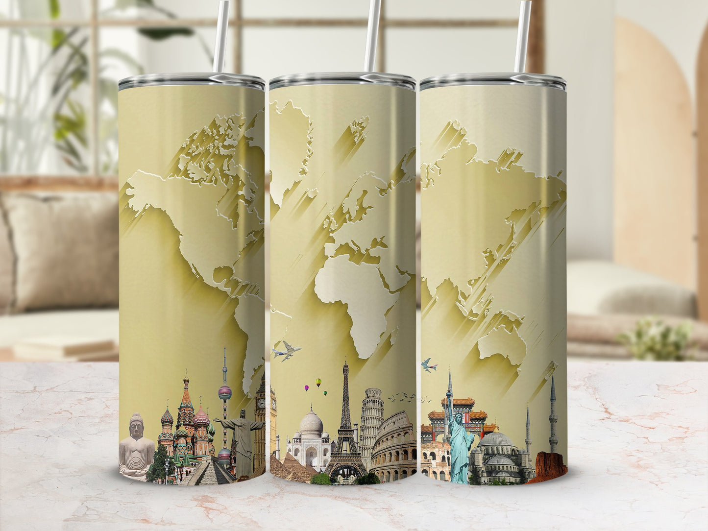 Three tumblers display a world map with iconic landmarks montage across bottom.