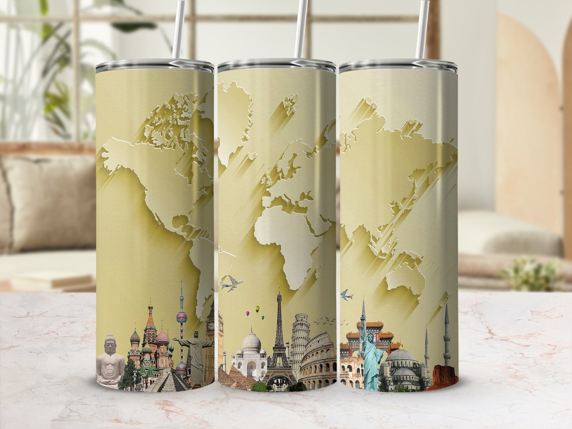 Three tumblers display a world map with iconic landmarks montage across bottom.