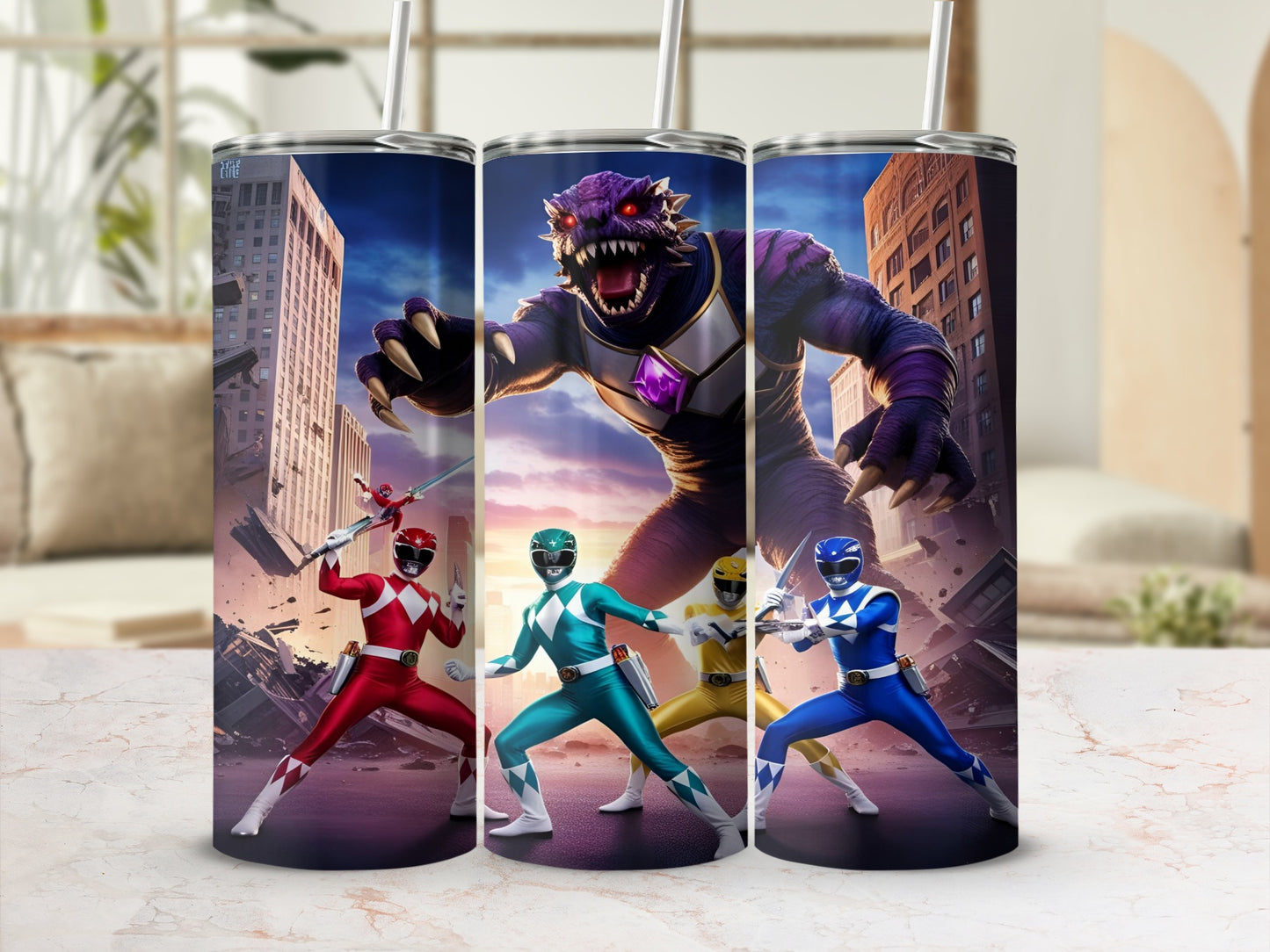 Red, green, yellow, and blue Power Rangers fight a purple monster in a city.