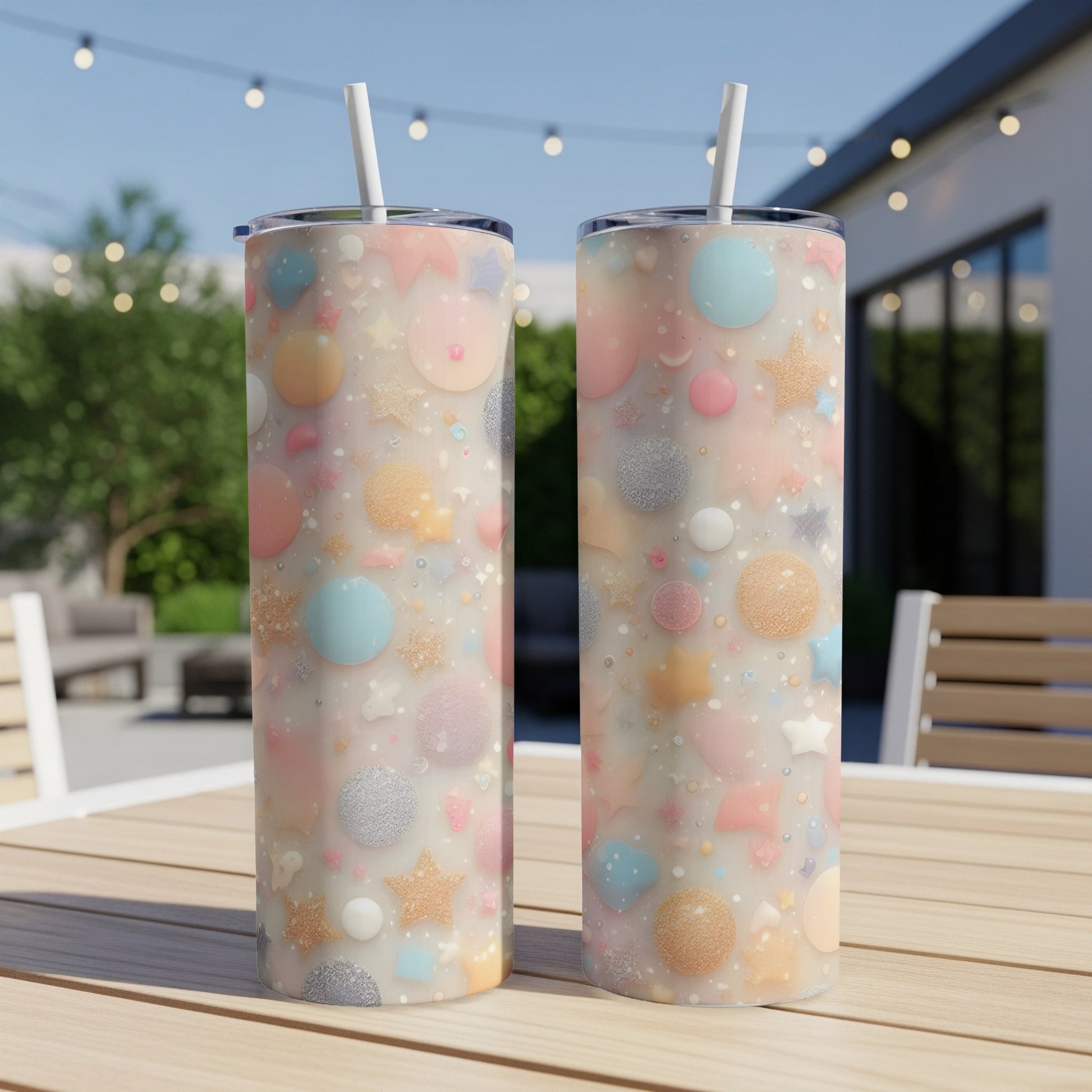 Two pastel tumblers with glitter stars and balloon patterns.