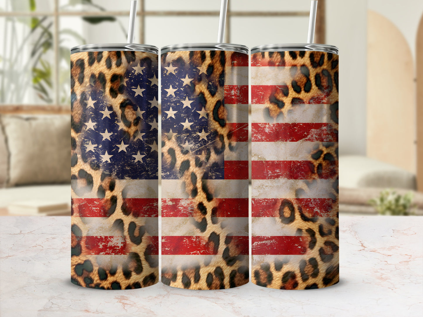 Three tumblers with US flag and leopard print designs.