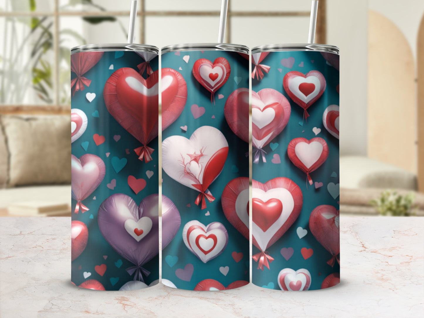 Three tall tumblers with heart-shaped balloons and confetti pattern.