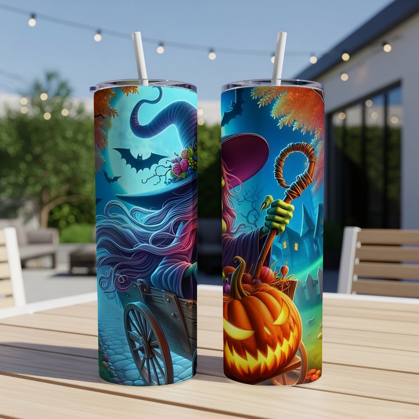 Two tumblers with Halloween witch and pumpkin designs, one featuring a witch in a cart.