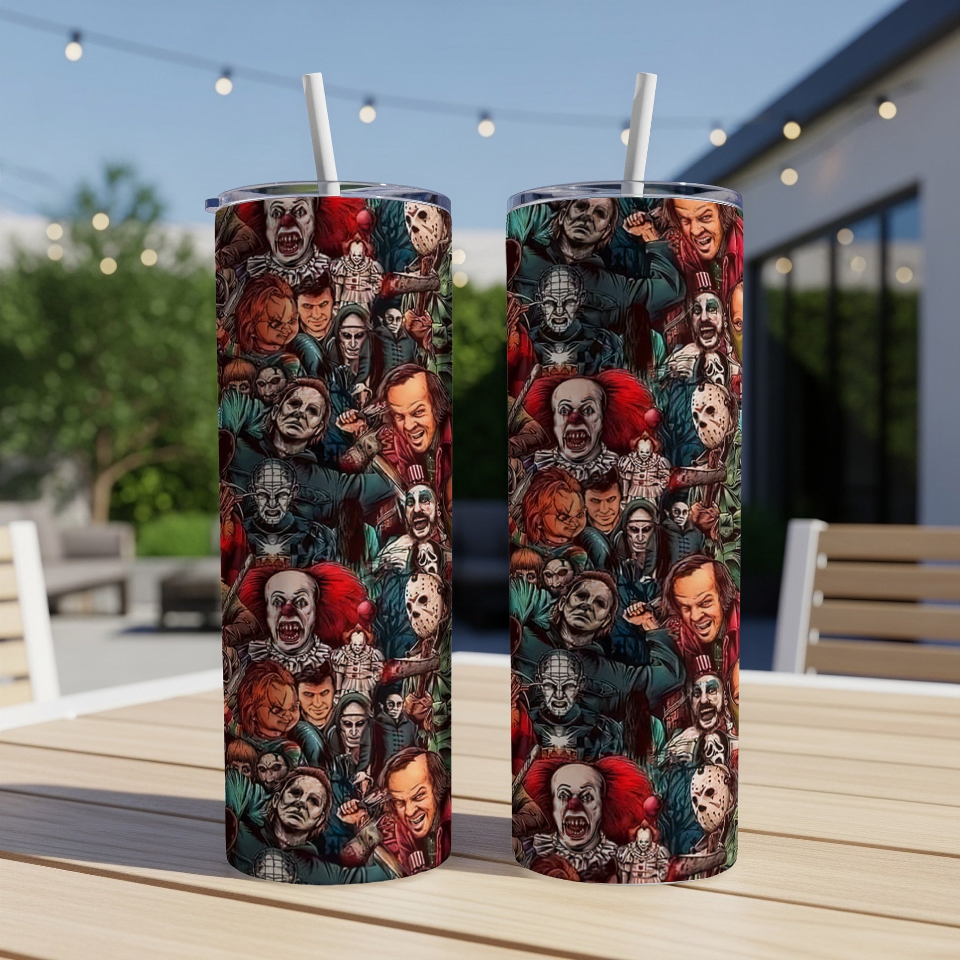 Two tumblers with collage of horror movie characters.