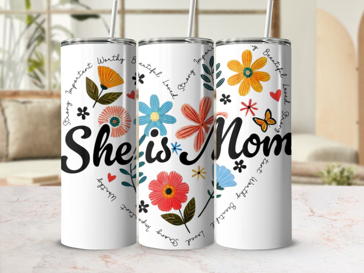 She is Mom Floral Insulated Travel Tumbler