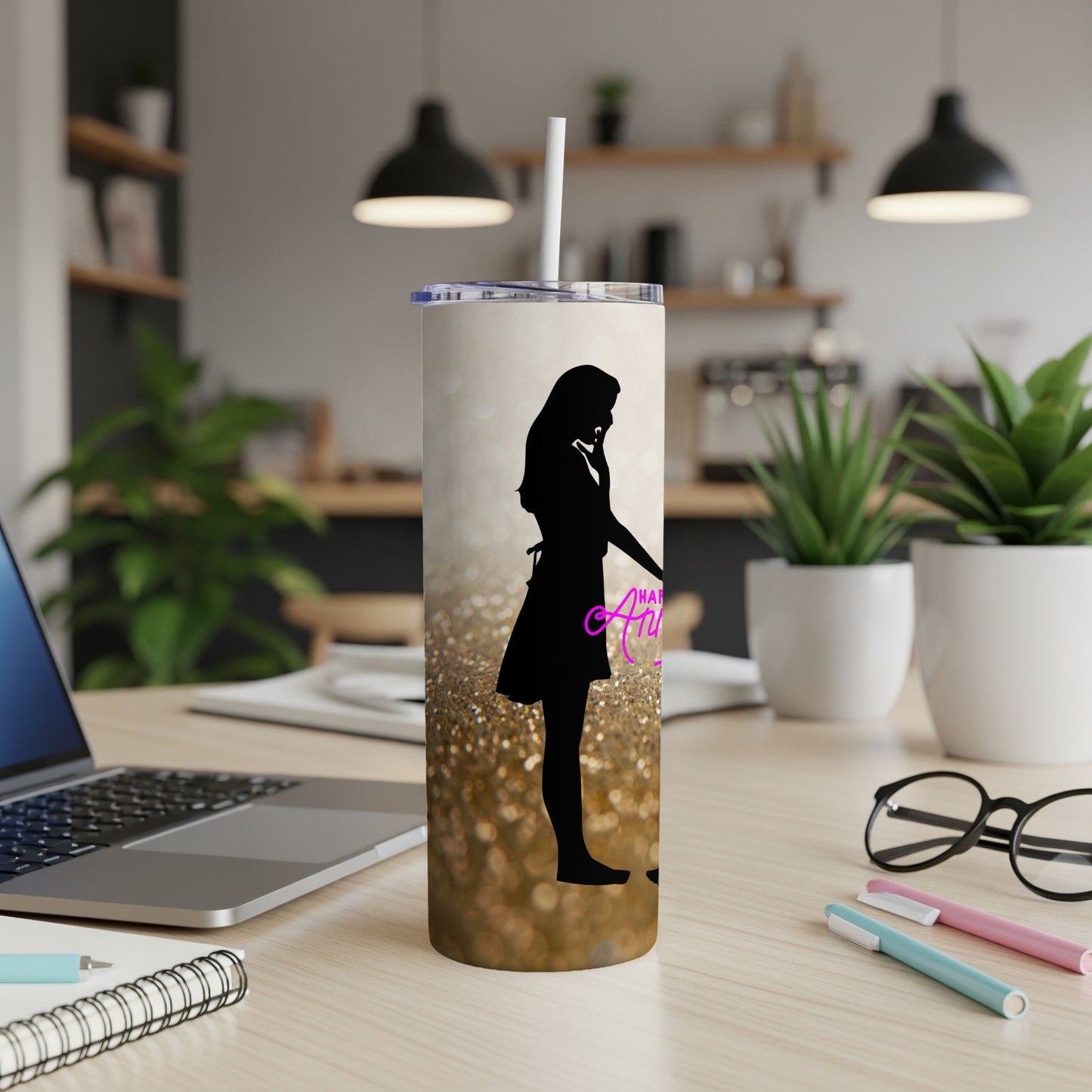 Tumbler with silhouette of woman in apron on sparkling background.