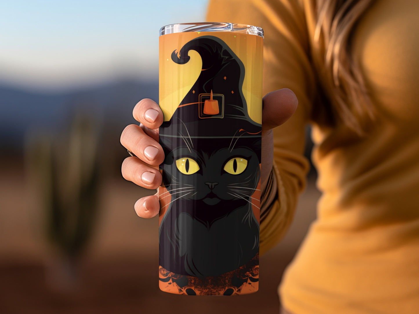 Halloween Black Cat with Witch Hat Tumbler Cup Product