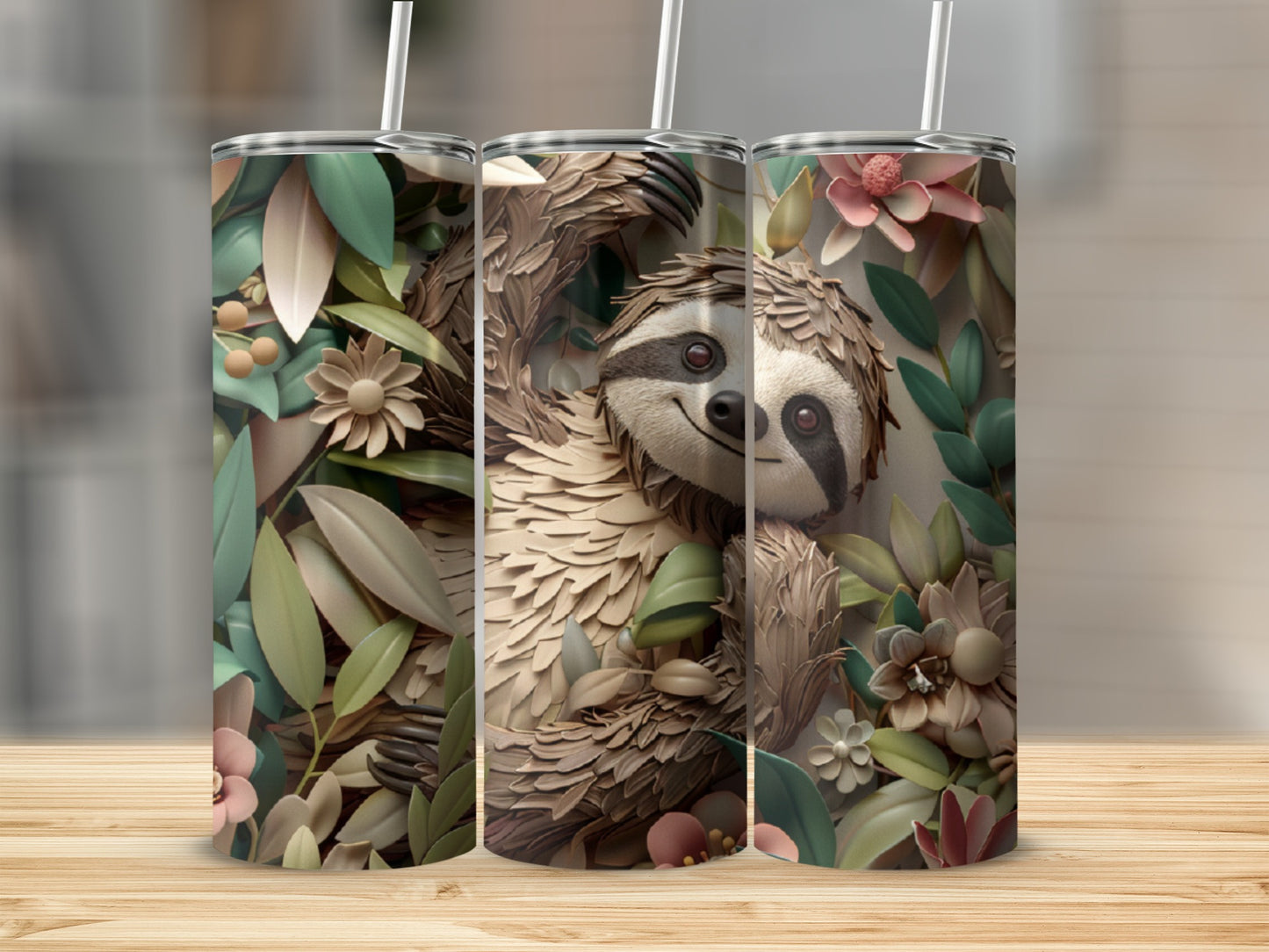 Sloth art on three tumblers with straws surrounded by flowers.