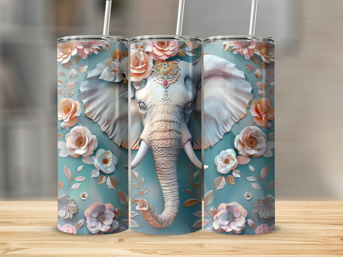 Elephant head adorned with flowers and jewels, on a turquoise background.