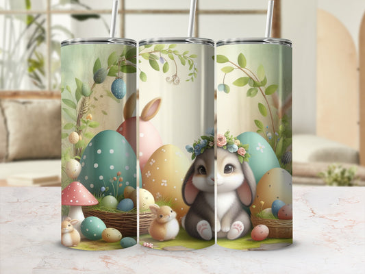 Easter bunny with eggs and mushrooms on a grassy background.