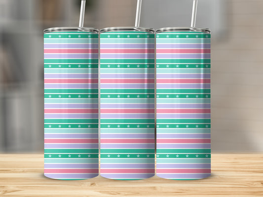 Three tumblers with pastel stripes and stars pattern.