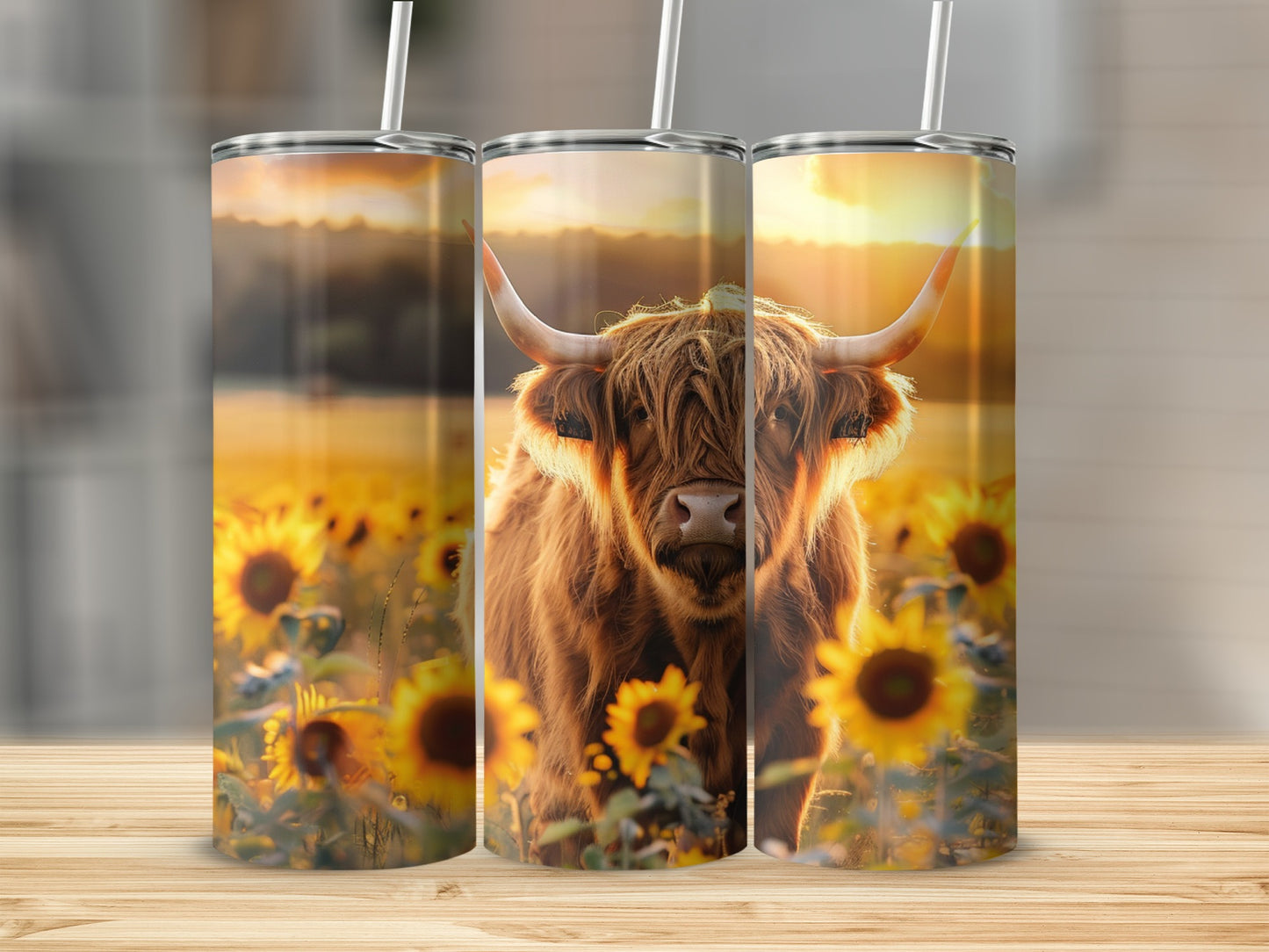 Highland cow in sunflower field on a tumbler wrap.