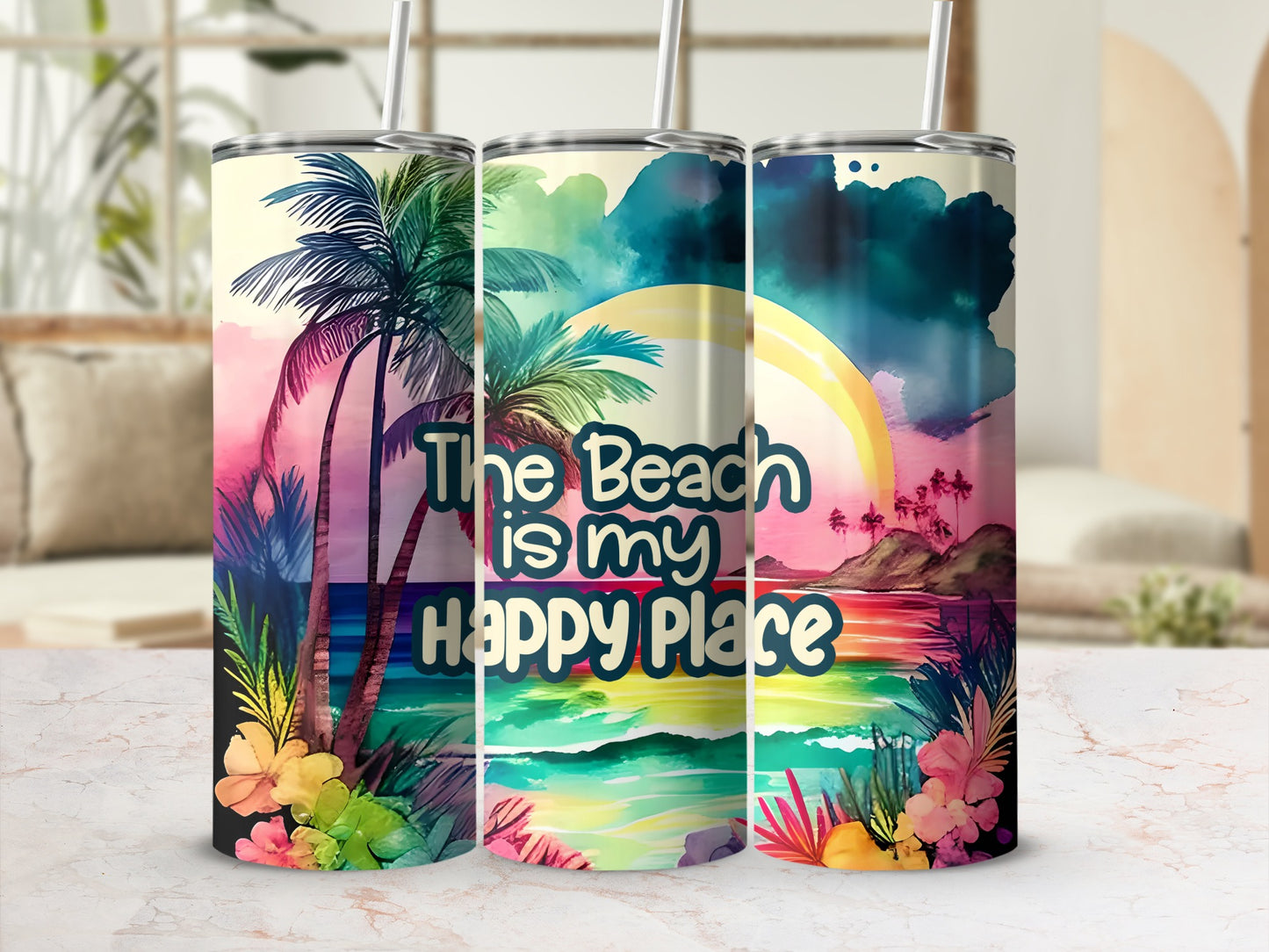 Beach scene with palm trees and a sunset, text "The Beach is my Happy Place".