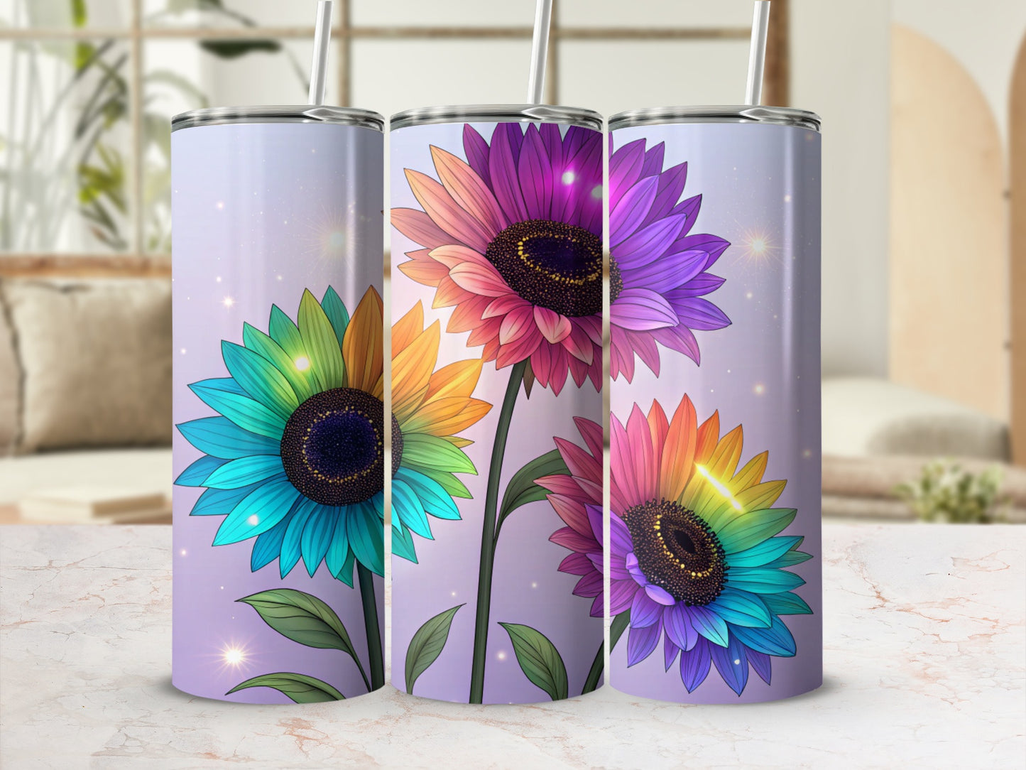 Colorful Sunflower Design Tumbler with Straw