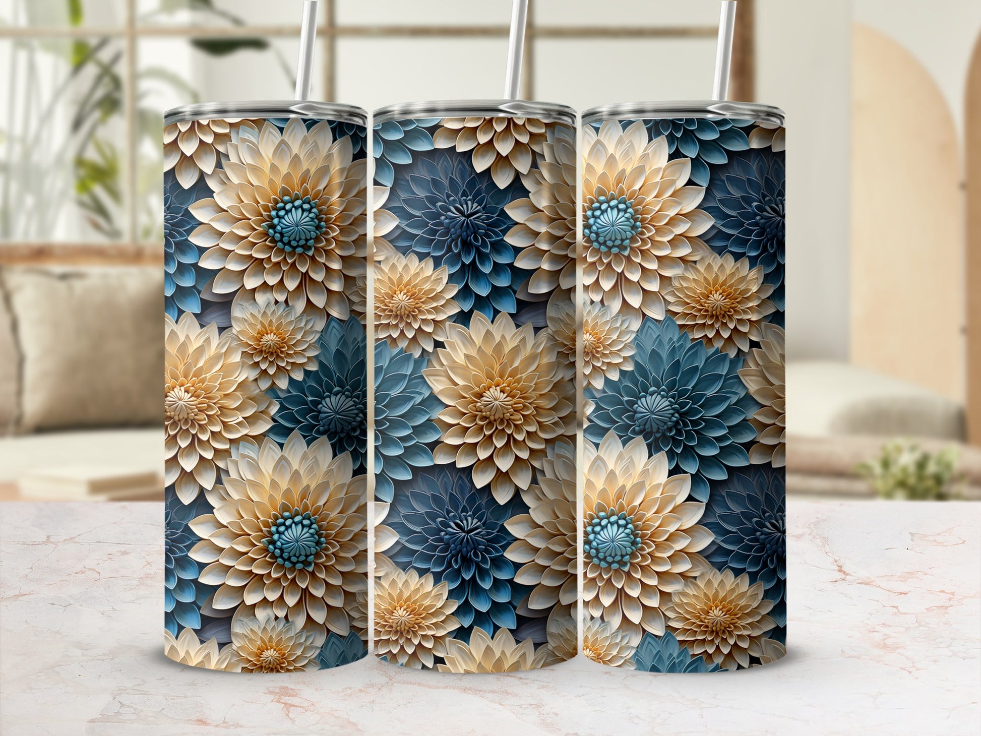 Floral Pattern Tumbler with Blue and Beige Flowers Tumbler