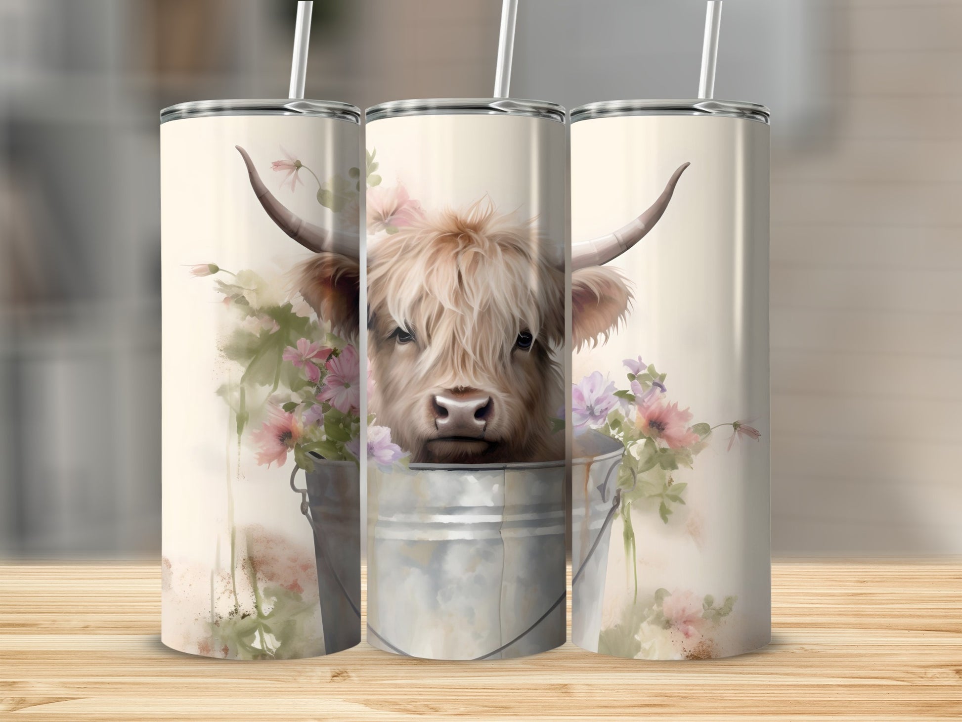 Highland Cow with Flowers Tumbler 20oz Cup Cute Cow