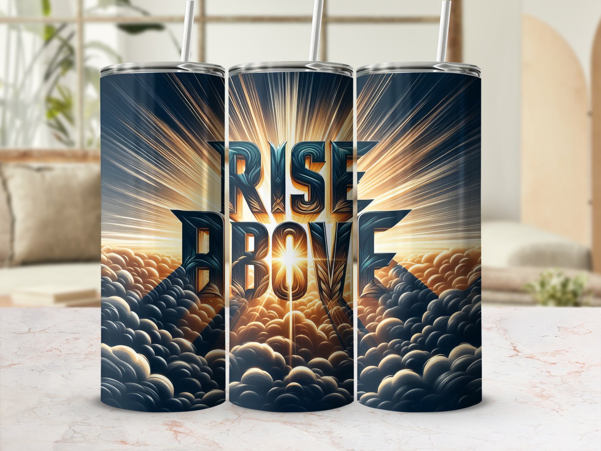 Tumbler with "RISE ABOVE" text over stylized clouds and radiating light.