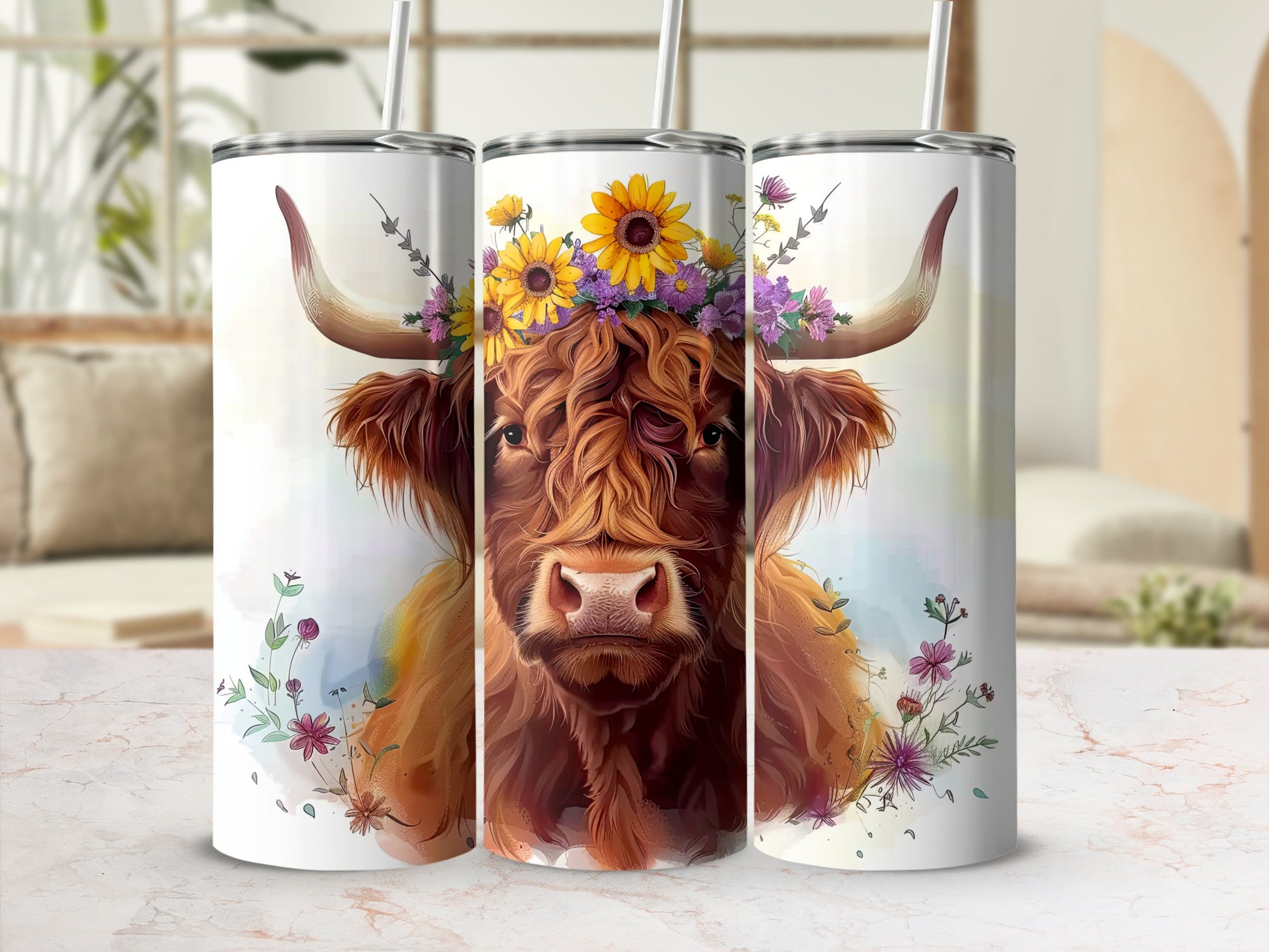 Highland cow wearing a crown of flowers and ornate floral accents.