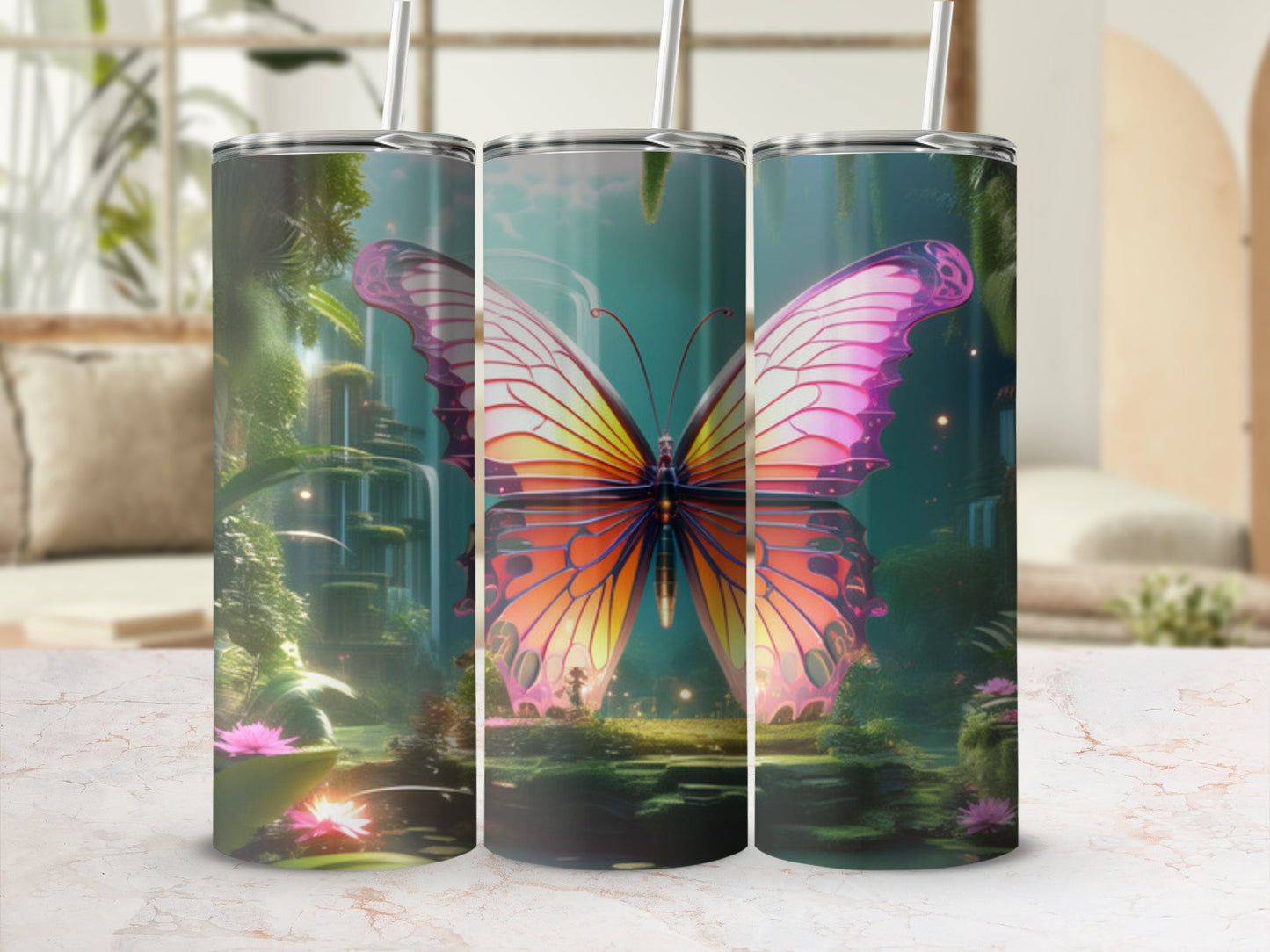 Butterfly in enchanted forest scene on a set of three tumblers.