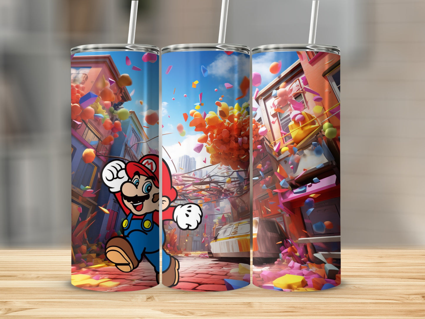Vibrant Cartoon Character Tumblers with Cityscape Background