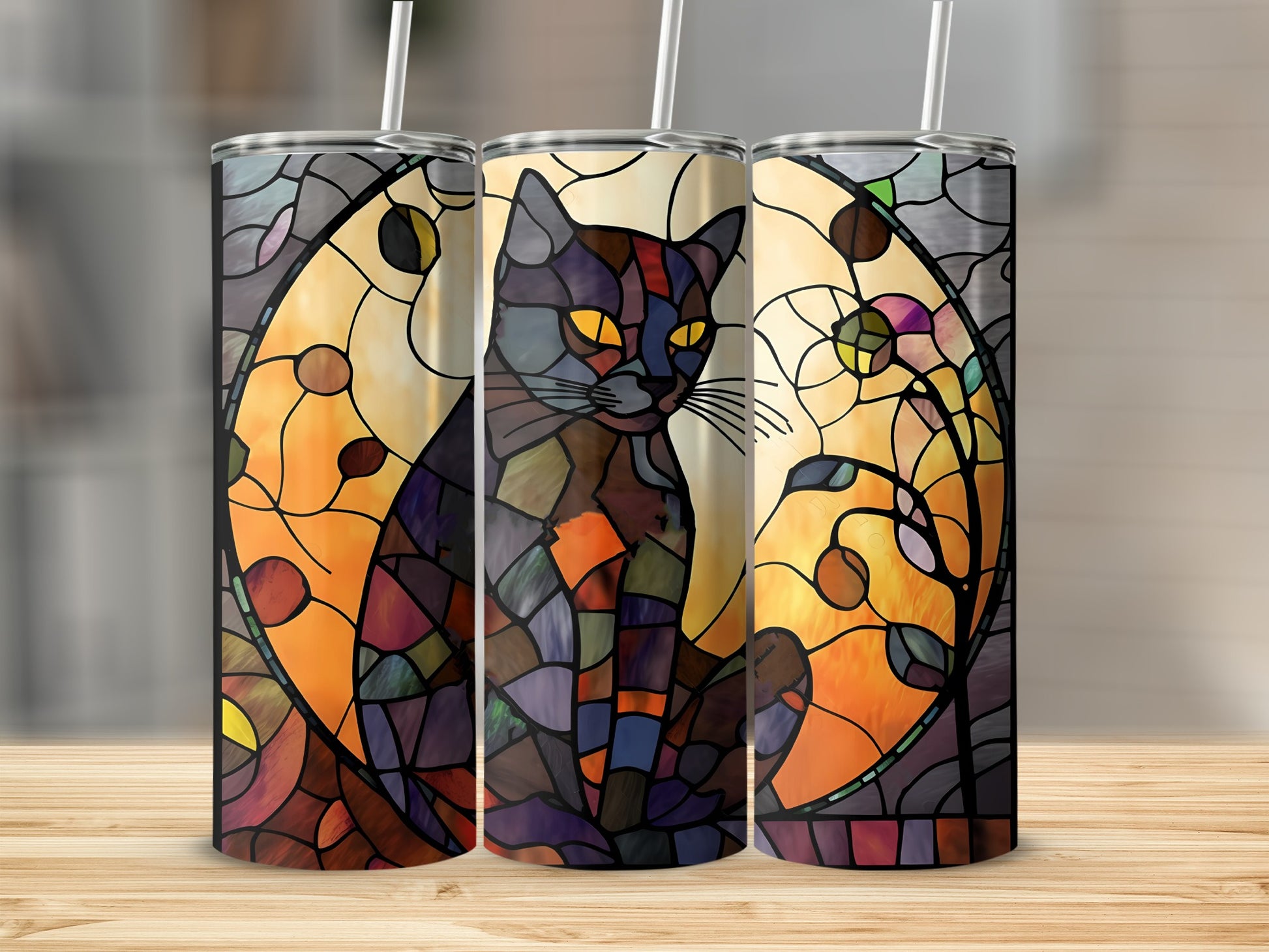 Stained glass cat on a warm moonlit background.