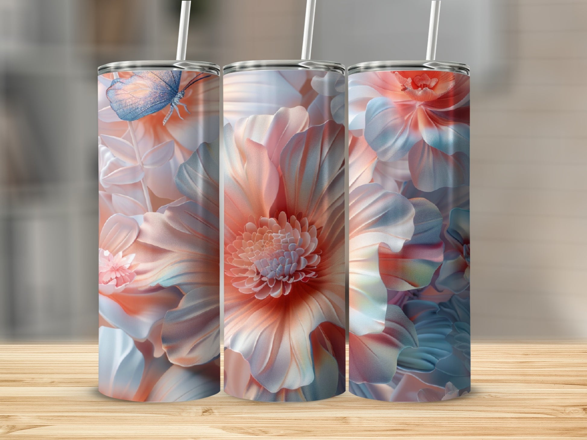 Three tumblers with a soft floral design and a blue butterfly.