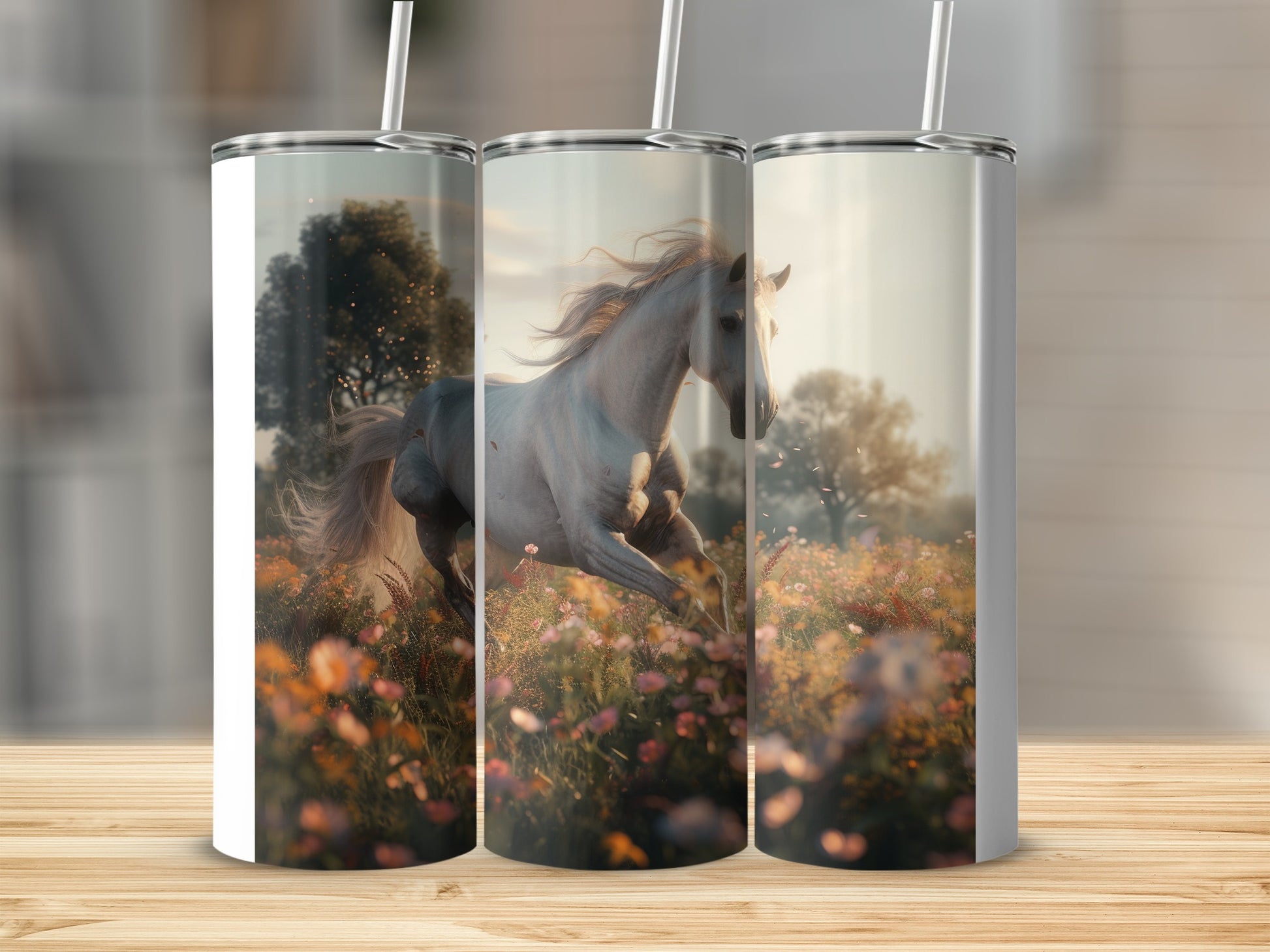 White Horse Running Field Flowers Golden Light product type