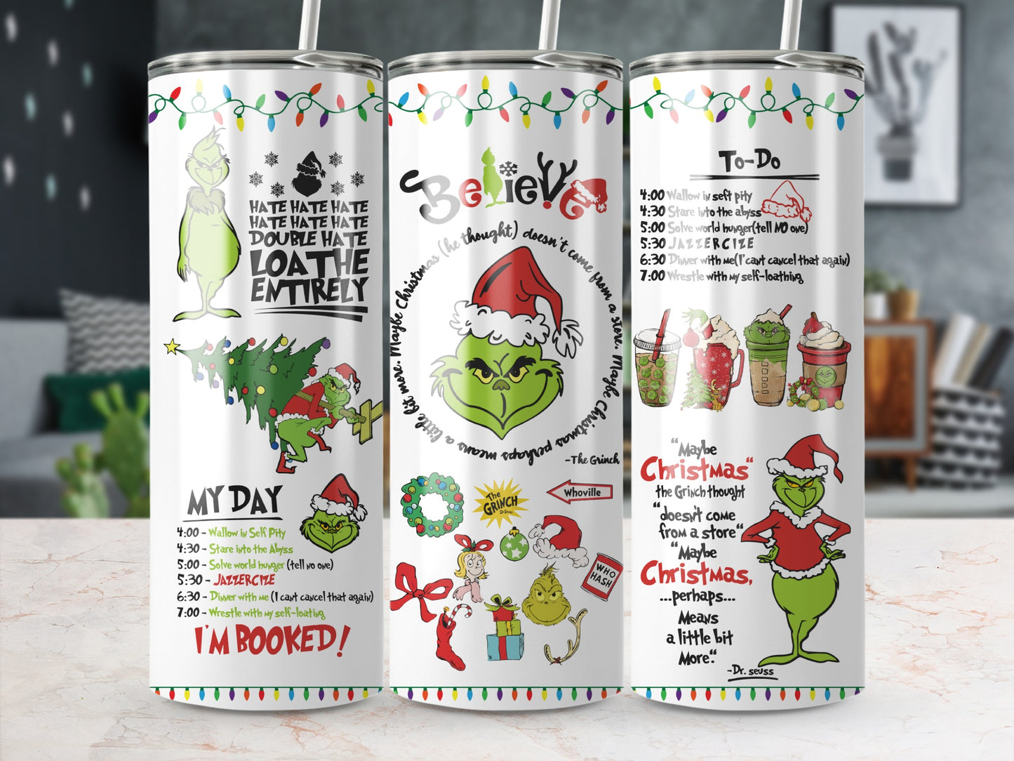 The Grinch-themed tumbler with "Maybe Christmas" quote and to-do list.