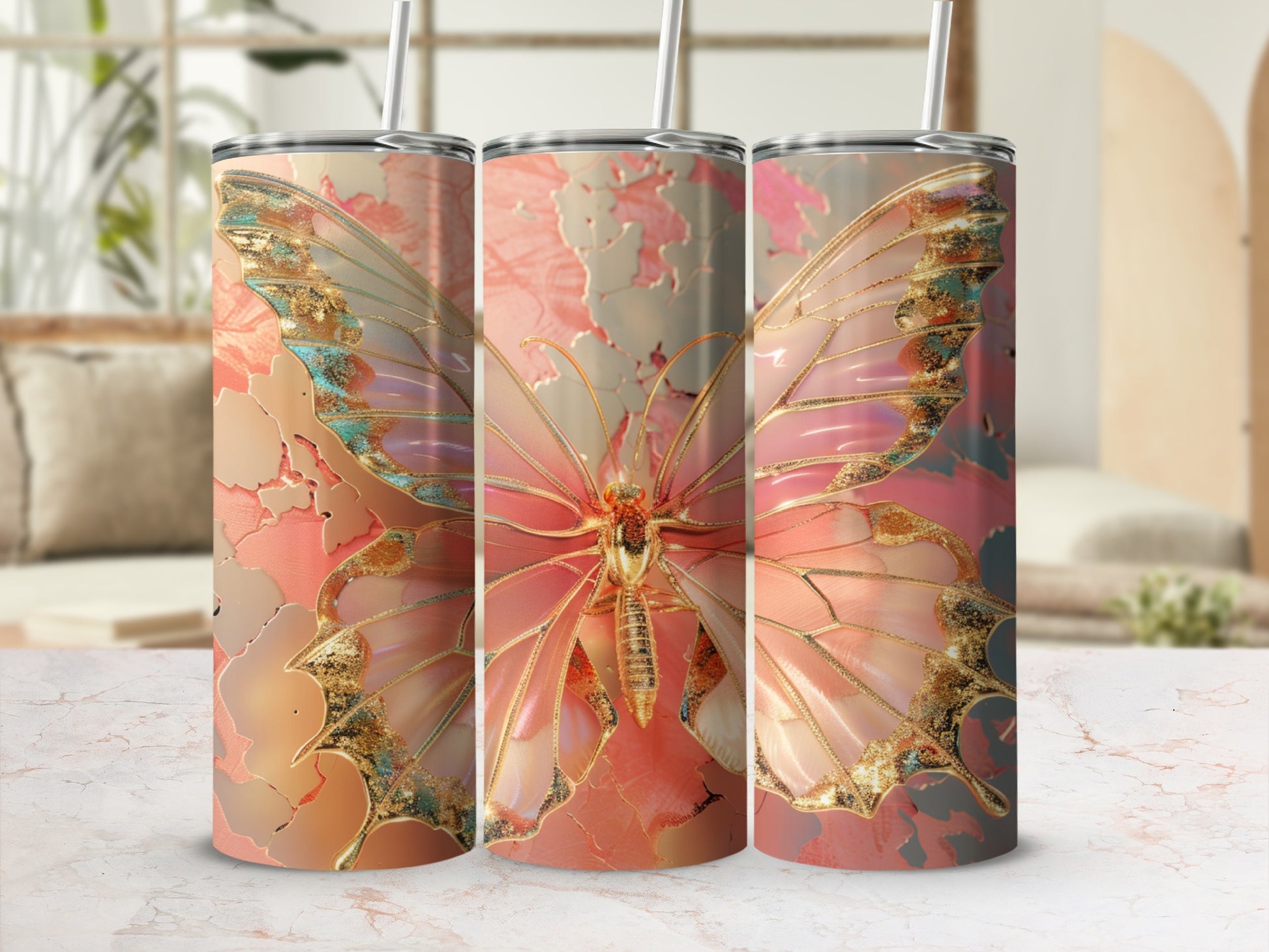 Three tumblers featuring a holographic butterfly with floral accents.