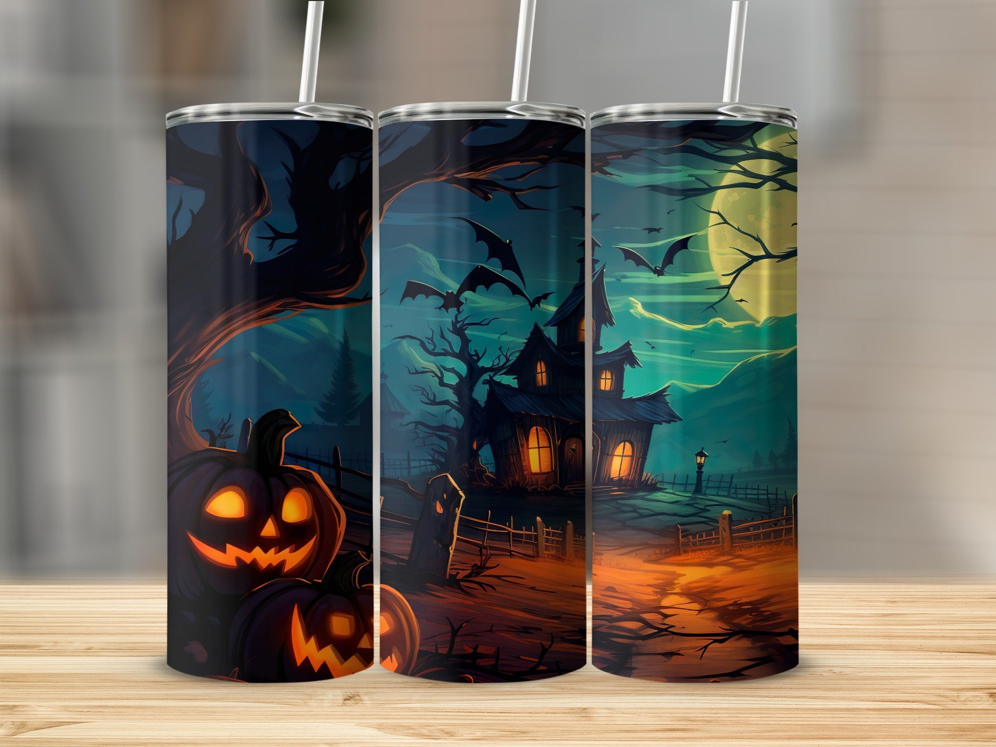 Spooky Halloween Haunted House Tumbler with Straw