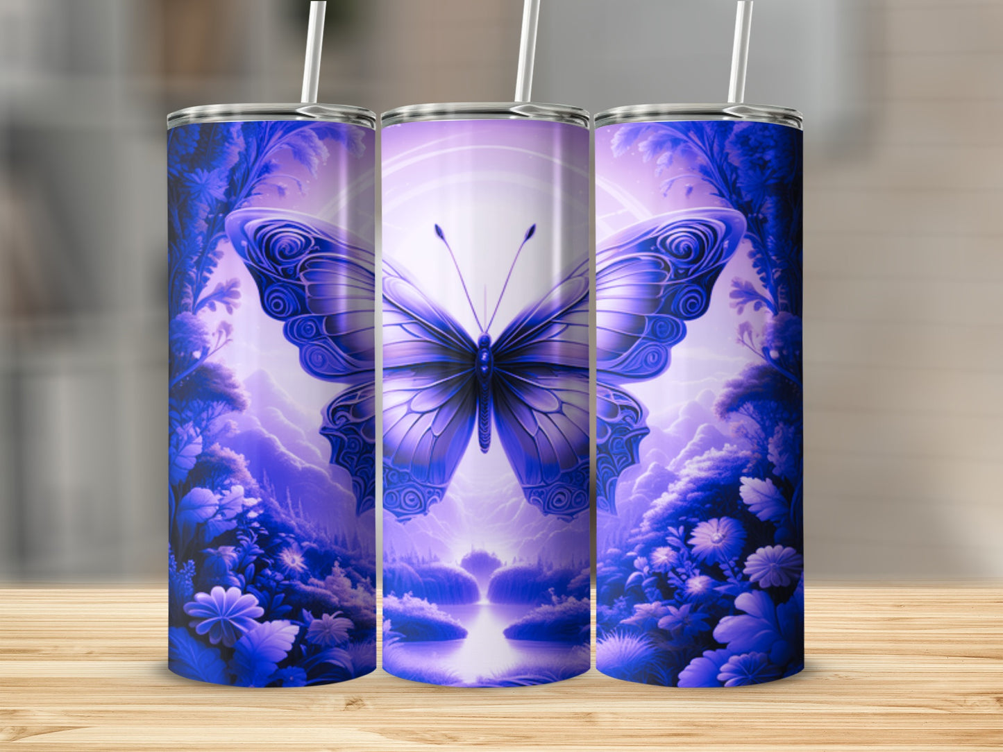 Purple butterfly on a mystical landscape with mountains and flowers.