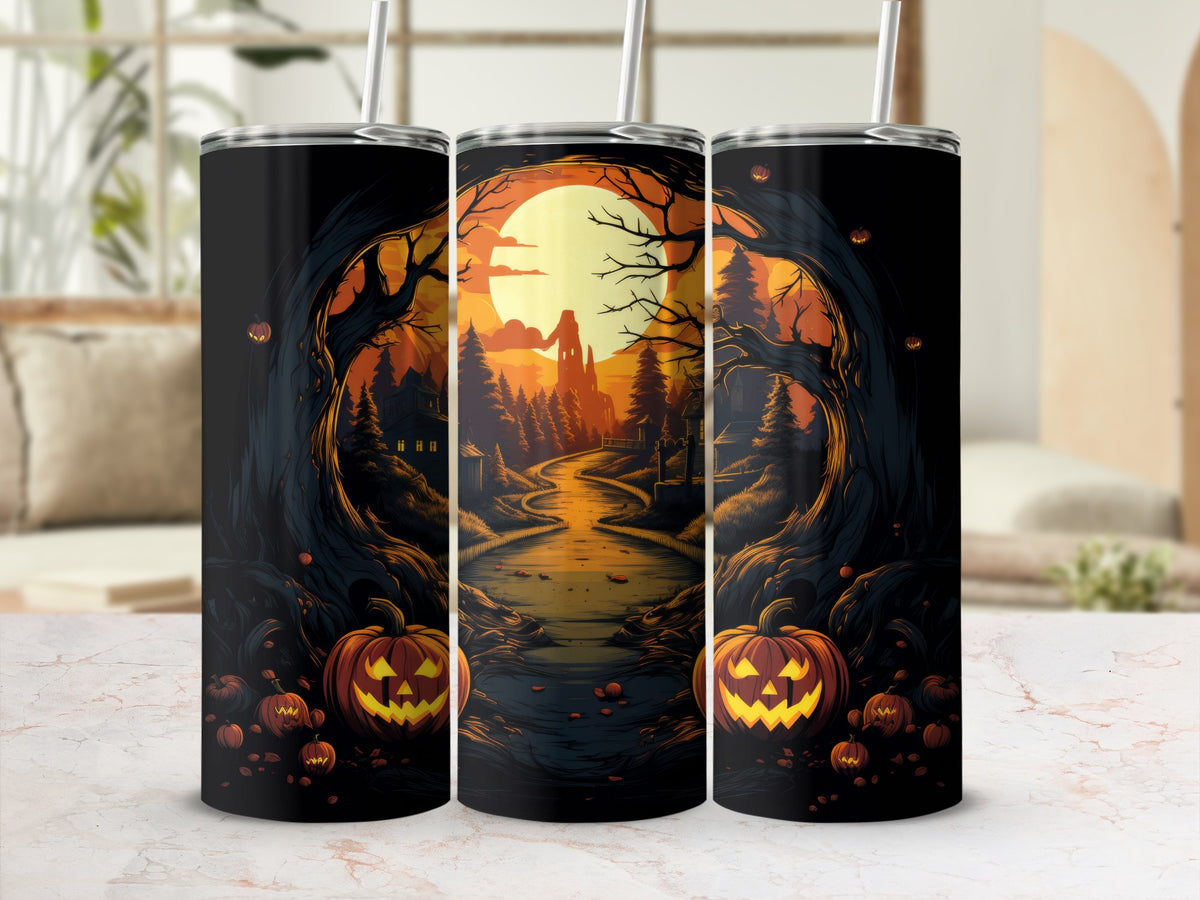 Three tumblers display a Halloween scene with pumpkins, a spooky forest, and a large moon.