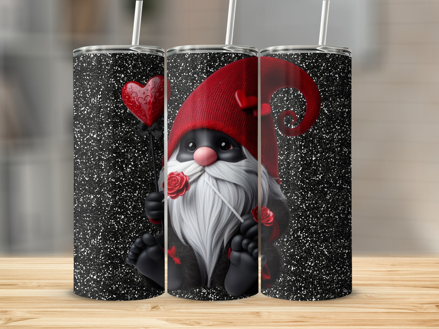 Cute Gnome with Heart and Roses Black Glitter Tumbler