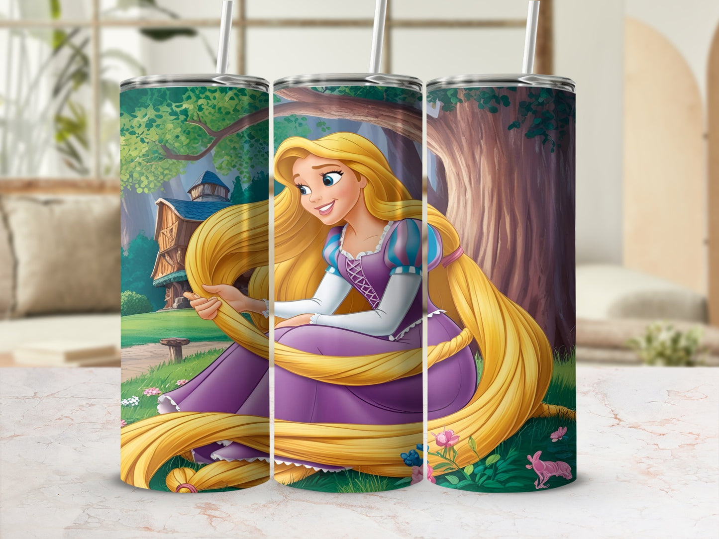 Tangled Rapunzel in purple dress with long blonde hair, sitting in a grassy meadow.