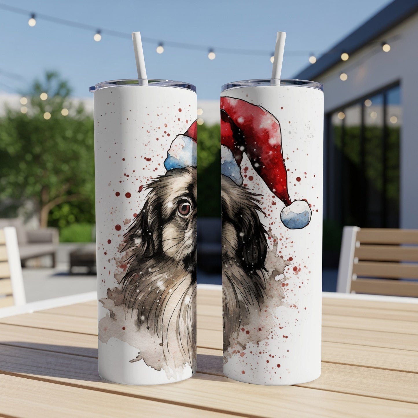 Watercolor Shih Tzu wearing a Santa hat on a white speckled tumbler.