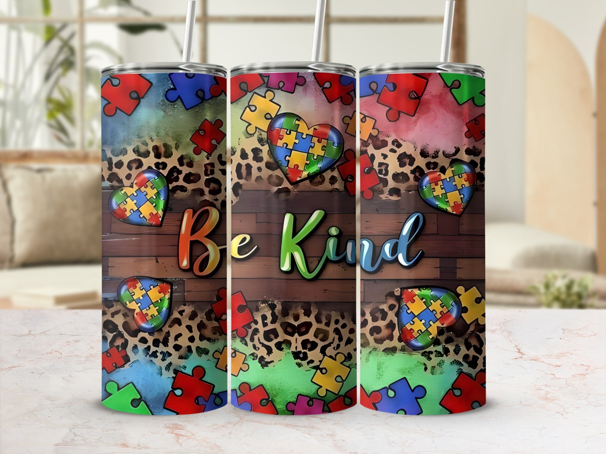 Tumbler with "Be Kind" text, puzzle piece heart, and leopard print.