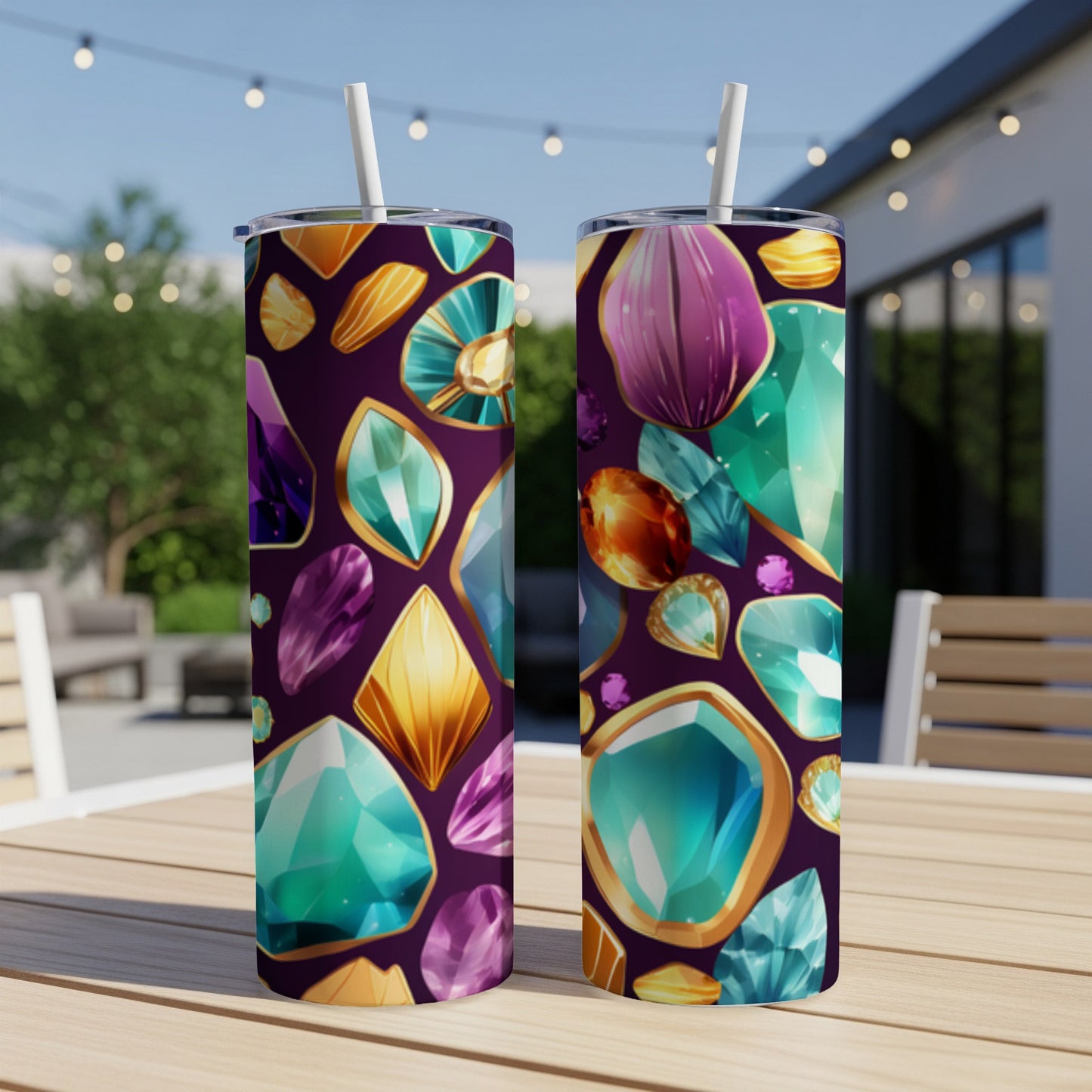 Two tumblers with purple background and colorful gemstone pattern.
