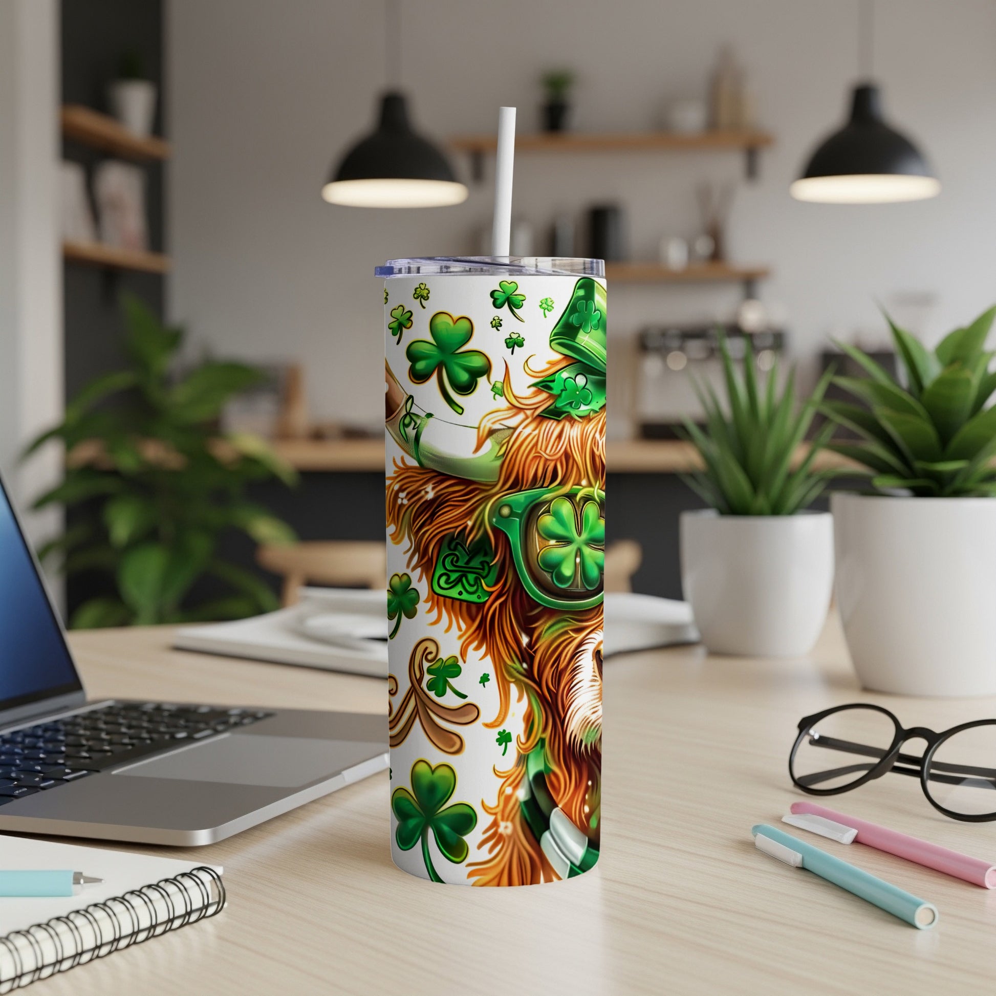 Green tumbler with St. Patrick's Day theme, shamrocks, and festive character.